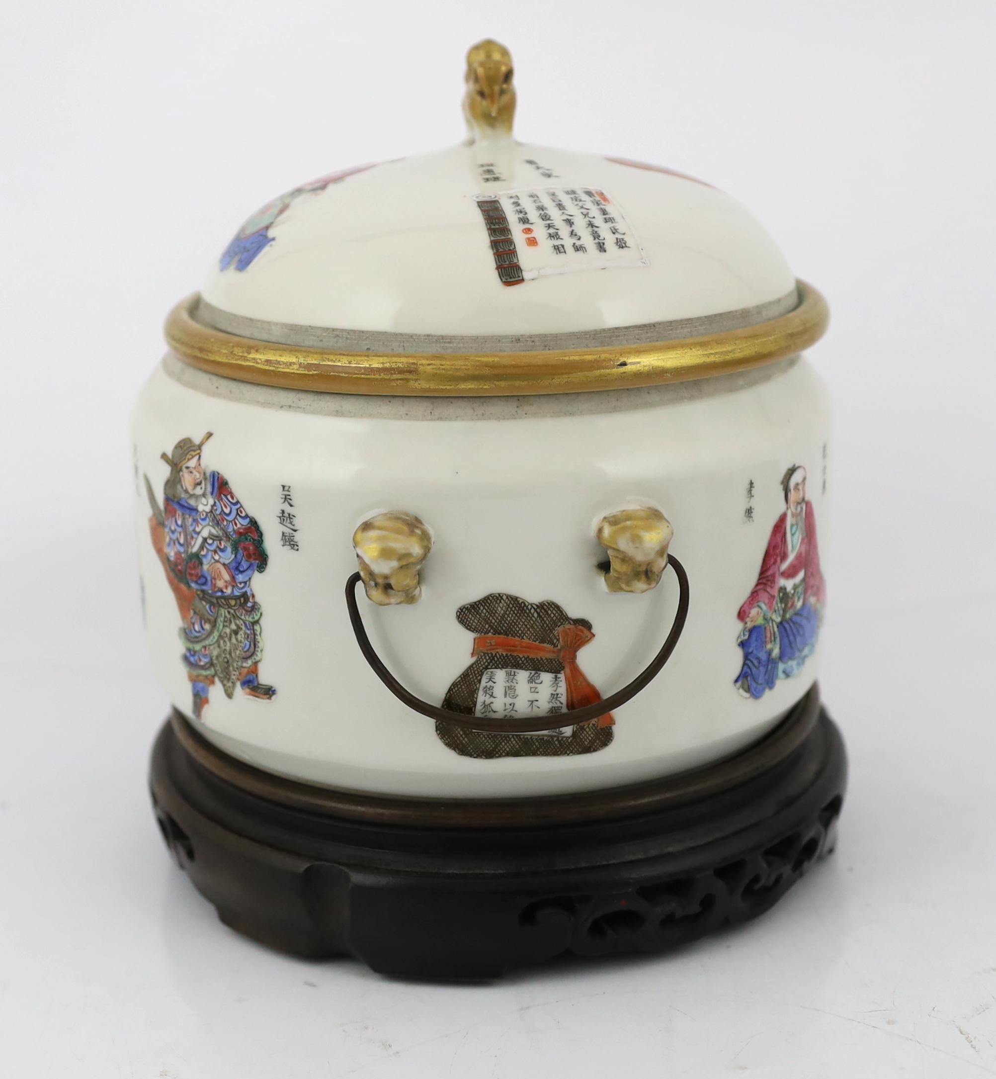 A pair of Chinese famille rose 'Wu Shuang Pu' porridge pots, liners and covers, Daoguang seal marks and of the period (1821-50), star crack to one base